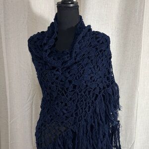 Navy Blue Crochet Shawl with Fringe